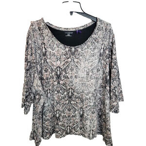 Catherines Petite 3X Top Paisley Damask Print 3/4 Sleeve Scoop Neck Blouse 26/28